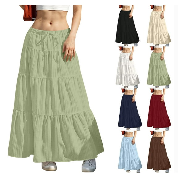 Sevevn Women Fashion Summer Casual Comfy Solid A-Line Long Skirts Elastic Waist Women Beach Fashion Green S