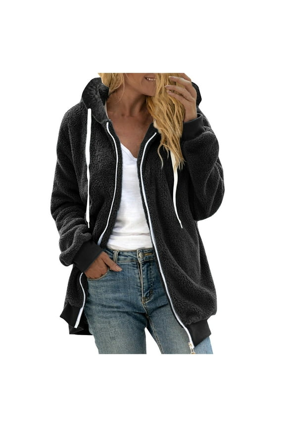 Women Faux Fur Fleece Lightweight Jacket Spring Fall Transitional Zipper Solid Color Hooded Jacket