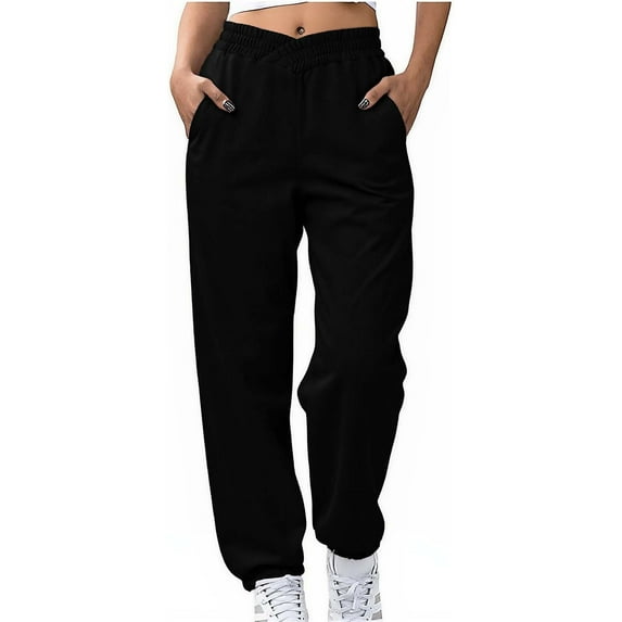Sevevn Women High Waist Cross Elastic Sweatpants with Pockets Loose Fit Joggers Pants Soft Fleece Lounge Pants for Fall Winter Black L