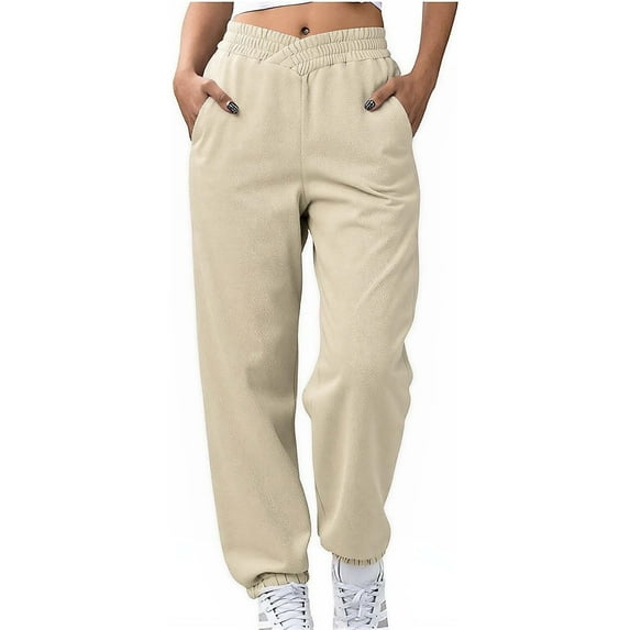 Sevevn Women High Waist Cross Elastic Sweatpants with Pockets Loose Fit Joggers Pants Soft Fleece Lounge Pants for Fall Winter Khaki M