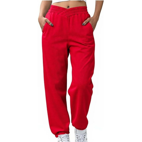 Sevevn Women High Waist Cross Elastic Sweatpants with Pockets Loose Fit Joggers Pants Soft Fleece Lounge Pants for Fall Winter Red S