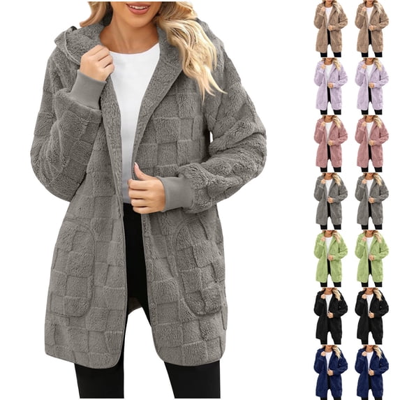 Sevevn Women Hooded Sherpa Jacket Long Sleeve Open Front Cardigan Coat Soft Fuzzy Plush Fleece Outerwear with Pockets for Fall Winter Gray XXL