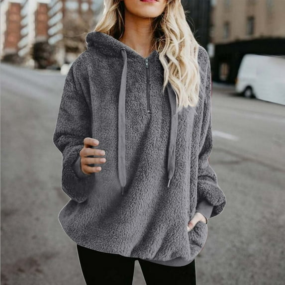 Sevevn Women Hooded Sweatshirt Coat Winter Warm Wool Zipper Pockets Cotton Coat Outwear Dark Gray M Savings Up to 30% Off