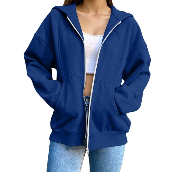Sevevn Women Hoodied Blouse Long Sleeve Fleece Tops Sweatshirt Pockets Plus Size Zip up Drawstring Solid Long Sleeve Hoodies Sweatshirts