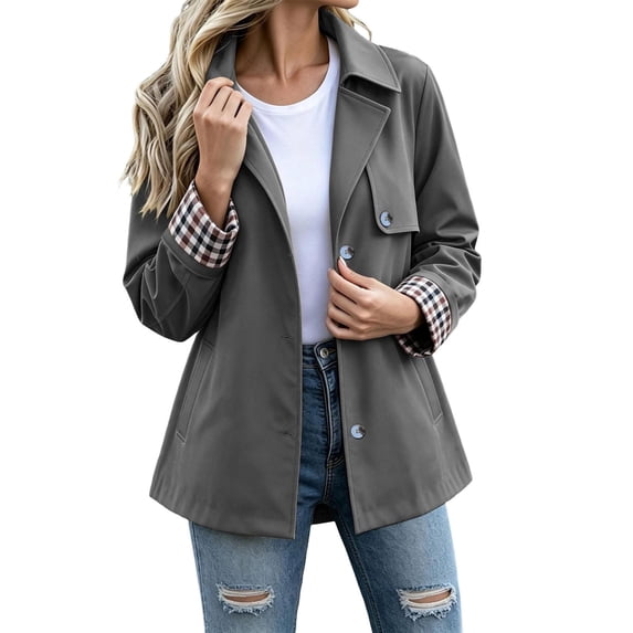 Sevevn Women Lapel Collar Short Trench Coat Button‑Front Jacket with Plaid Contrast Cuffs Fall Casual Outerwear Gray XL