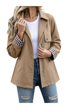 Women Lapel Collar Short Trench Coat Button‑Front Jacket with Plaid Contrast Cuffs Fall Casual Outerwear Khaki 2XL