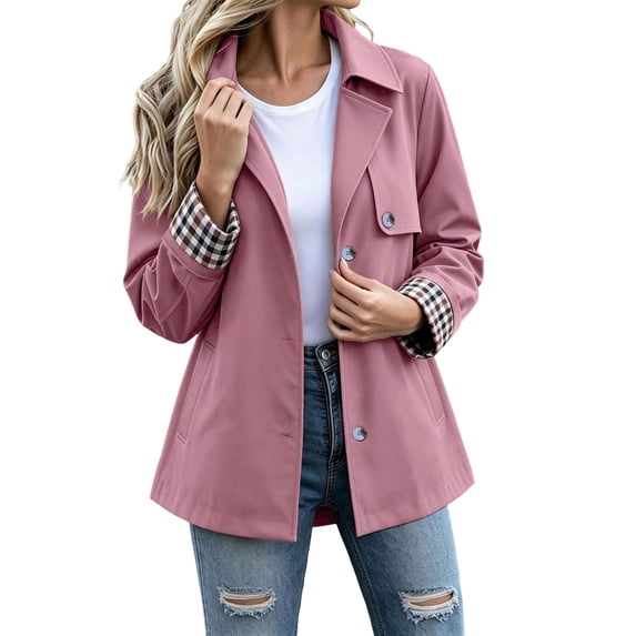 Sevevn Women Lapel Collar Short Trench Coat Button‑Front Jacket with Plaid Contrast Cuffs Fall Casual Outerwear Pink 2XL