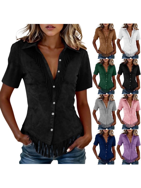 Women Lapel Short Sleeve Button Down Fringe Shirt Western Cowgirl Style Slim Fit Fringed Blouse Tops Black XXL