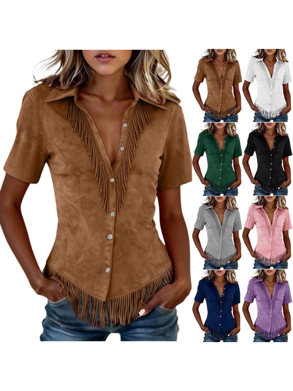 Women Lapel Short Sleeve Button Down Fringe Shirt Western Cowgirl Style Slim Fit Fringed Blouse Tops Coffee M