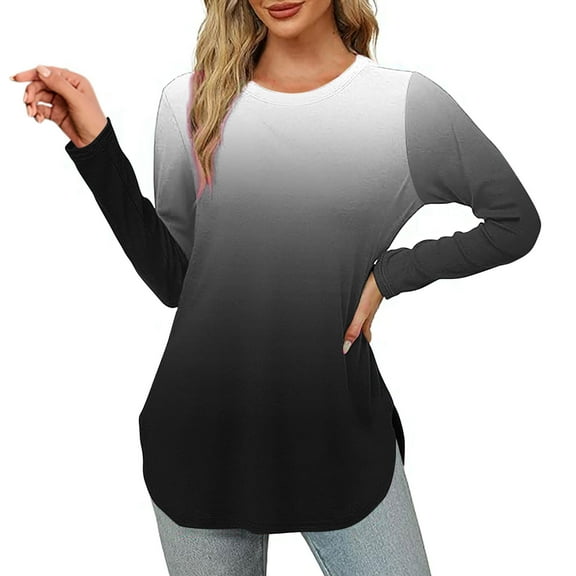 Sevevn Women Loose Round Neck Long Sleeved Gradient Color T-shirt Top Black L Holiday Gift Finder