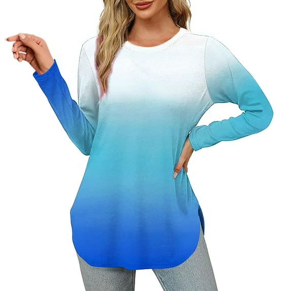 Sevevn Women Loose Round Neck Long Sleeved Gradient Color T-shirt Top Blue S Holiday Gift Finder