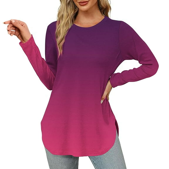 Sevevn Women Loose Round Neck Long Sleeved Gradient Color T-shirt Top Hot Pink S Great Gifts for Less