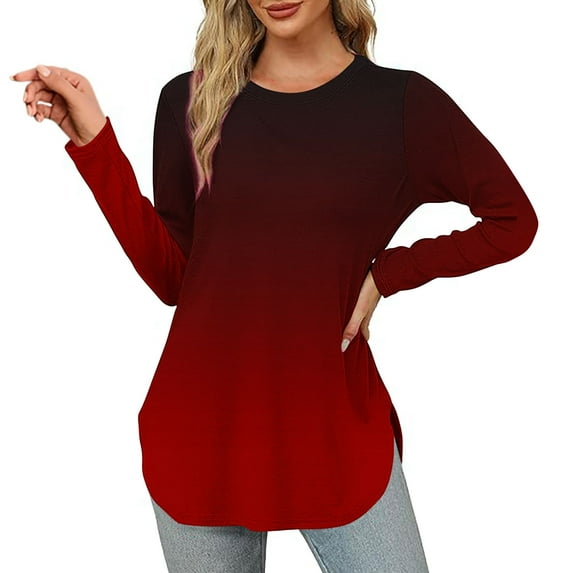 Sevevn Women Loose Round Neck Long Sleeved Gradient Color T-shirt Top Wine XXL Holiday Gift Finder