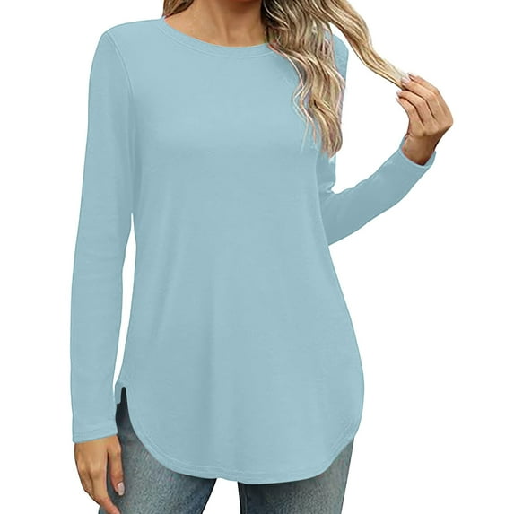 Sevevn Women Loose Round Neck Long Sleeved Printed T-shirt Top Light Blue XL Holiday Gift Finder