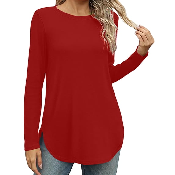 Sevevn Women Loose Round Neck Long Sleeved Printed T-shirt Top Red L Early Access Deals