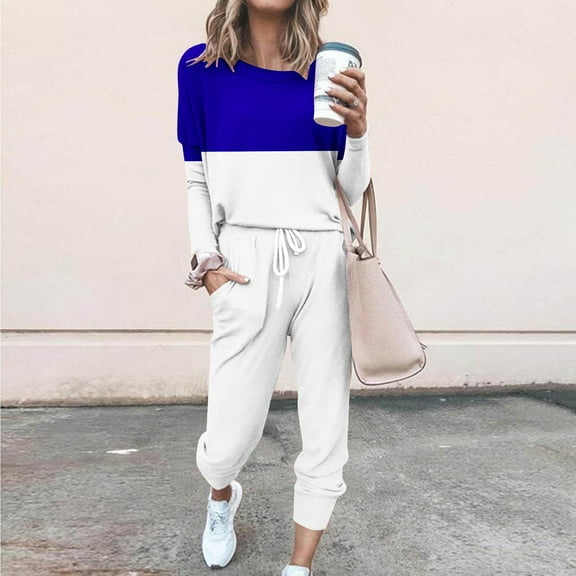 Sevevn Women Loose Two-piece Sets Solid Long Sleeve Tops Casual Pants Sweatsuit Blue S Gift for Girls