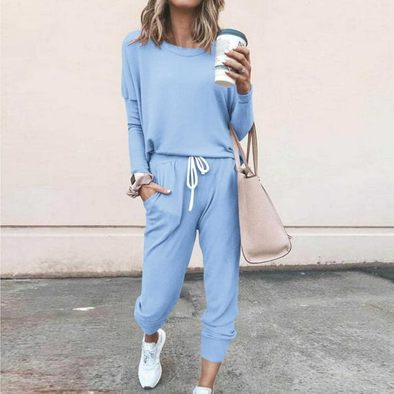 Sevevn Women Loose Two-piece Sets Solid Long Sleeve Tops Casual Pants Sweatsuit Blue XL Savings Up to 30% Off