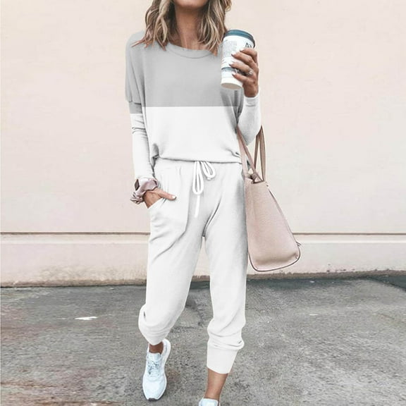 Sevevn Women Loose Two-piece Sets Solid Long Sleeve Tops Casual Pants Sweatsuit Gray XXXXL Great Gifts for Less