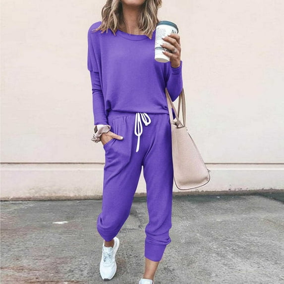 Sevevn Women Loose Two-piece Sets Solid Long Sleeve Tops Casual Pants Sweatsuit Purple L Family Gifts