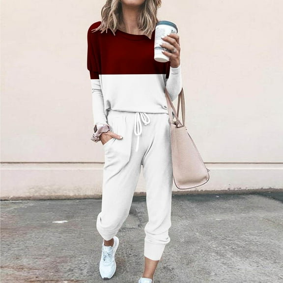 Sevevn Women Loose Two-piece Sets Solid Long Sleeve Tops Casual Pants Sweatsuit Wine XXXL Summer Clearance