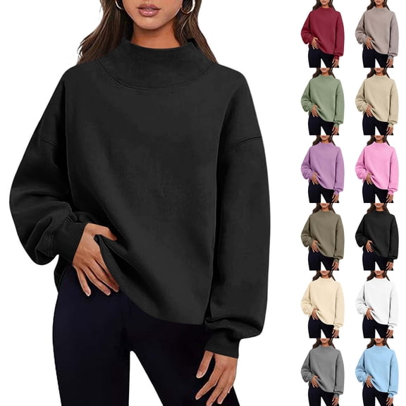 Sevevn Women Mock Neck Sweatshirt Long Sleeve Pullover Casual Loose Fit Fleece Tops Soft Comfy Fall Winter Warm Solid Color Blouse Black XL