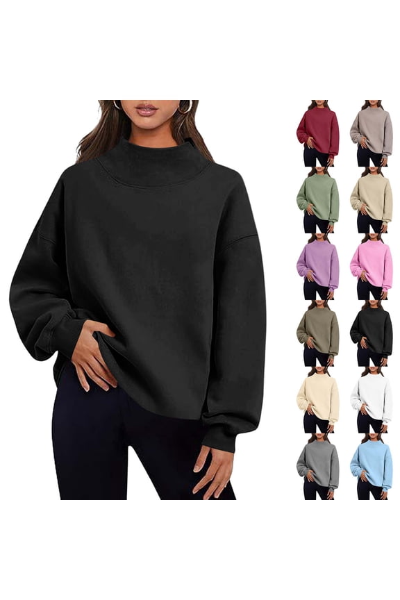 Women Mock Neck Sweatshirt Long Sleeve Pullover Casual Loose Fit Fleece Tops Soft Comfy Fall Winter Warm Solid Color Blouse Black XXL