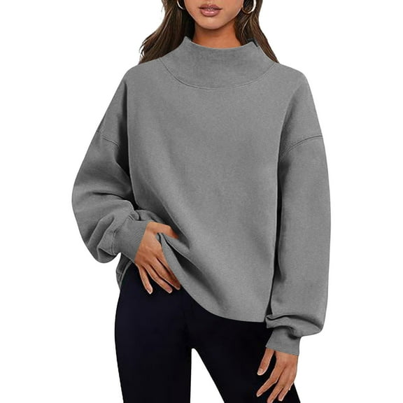 Sevevn Women Mock Neck Sweatshirt Long Sleeve Pullover Casual Loose Fit Fleece Tops Soft Comfy Fall Winter Warm Solid Color Blouse Dark Gray XL