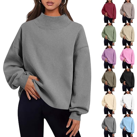 Sevevn Women Mock Neck Sweatshirt Long Sleeve Pullover Casual Loose Fit Fleece Tops Soft Comfy Fall Winter Warm Solid Color Blouse Dark Gray XL