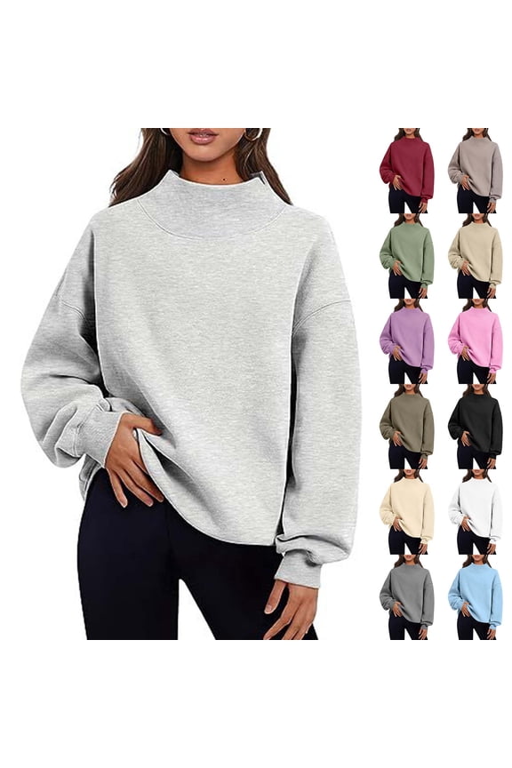 Women Mock Neck Sweatshirt Long Sleeve Pullover Casual Loose Fit Fleece Tops Soft Comfy Fall Winter Warm Solid Color Blouse Gray XL