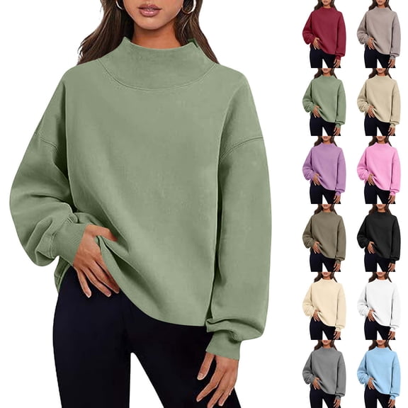 Sevevn Women Mock Neck Sweatshirt Long Sleeve Pullover Casual Loose Fit Fleece Tops Soft Comfy Fall Winter Warm Solid Color Blouse Mint Green M
