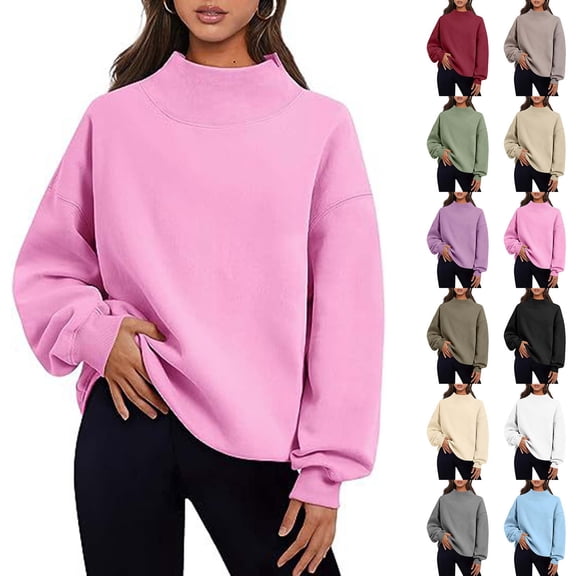 Sevevn Women Mock Neck Sweatshirt Long Sleeve Pullover Casual Loose Fit Fleece Tops Soft Comfy Fall Winter Warm Solid Color Blouse Pink XL