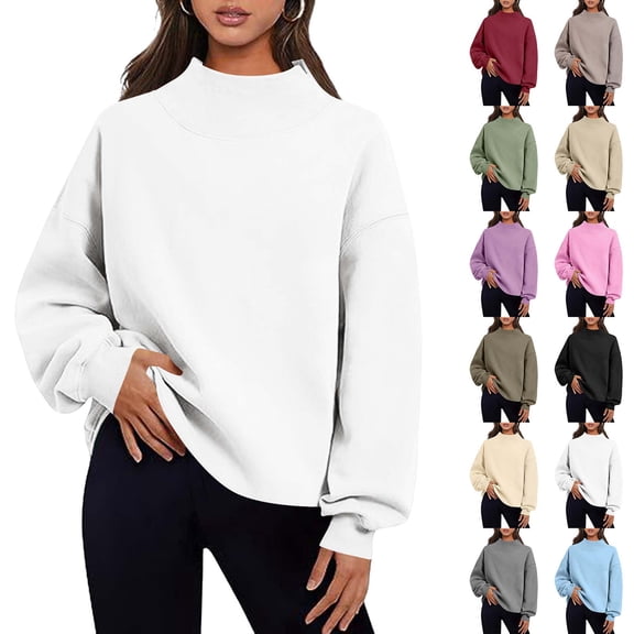 Sevevn Women Mock Neck Sweatshirt Long Sleeve Pullover Casual Loose Fit Fleece Tops Soft Comfy Fall Winter Warm Solid Color Blouse White XL