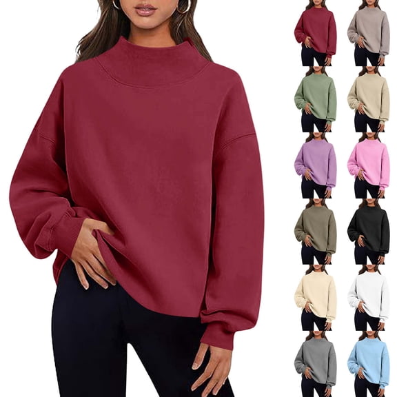 Sevevn Women Mock Neck Sweatshirt Long Sleeve Pullover Casual Loose Fit Fleece Tops Soft Comfy Fall Winter Warm Solid Color Blouse Wine XL