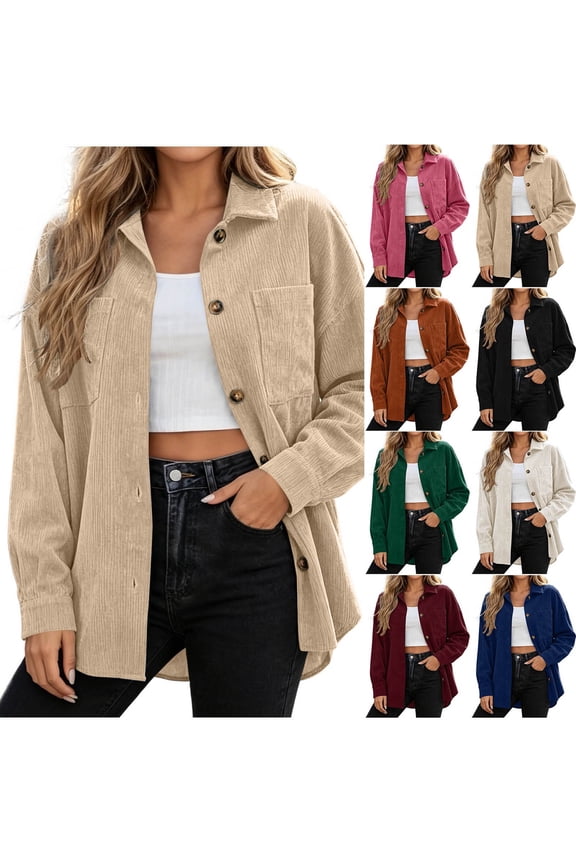 Women Oversized Corduroy Button Front Shacket Lapel Collar Dual Side Pockets Long Sleeve Casual Loose Layering Outer Jacket