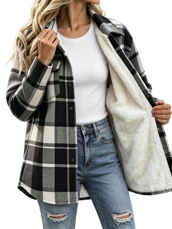 Women Plaid Fleece‑Lined Shacket Jacket Button‑Down Sherpa Lined Flannel Shirt Coat with Chest Pocket Winter Outerwear Black 2XL