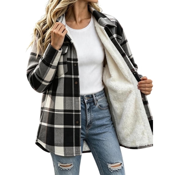 Sevevn Women Plaid Fleece‑Lined Shacket Jacket Button‑Down Sherpa Lined Flannel Shirt Coat with Chest Pocket Winter Outerwear Black XL