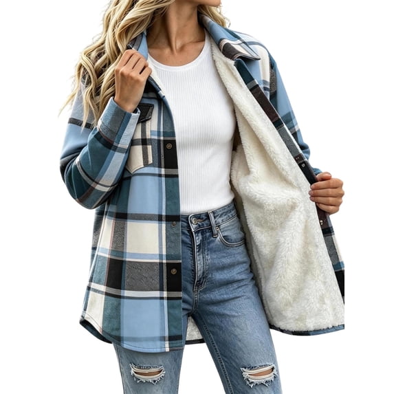 Sevevn Women Plaid Fleece‑Lined Shacket Jacket Button‑Down Sherpa Lined Flannel Shirt Coat with Chest Pocket Winter Outerwear Blue 2XL