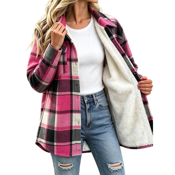 Sevevn Women Plaid Fleece‑Lined Shacket Jacket Button‑Down Sherpa Lined Flannel Shirt Coat with Chest Pocket Winter Outerwear Pink M