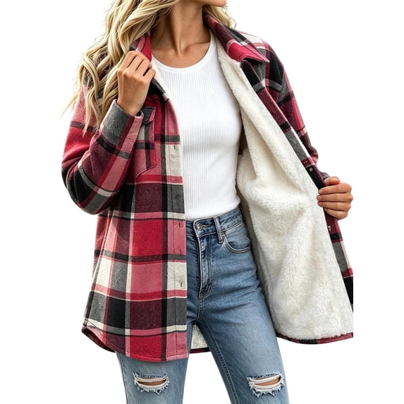 Sevevn Women Plaid Fleece‑Lined Shacket Jacket Button‑Down Sherpa Lined Flannel Shirt Coat with Chest Pocket Winter Outerwear Red 2XL