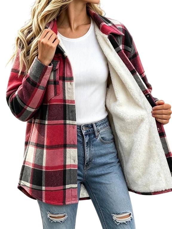 Women Plaid Fleece‑Lined Shacket Jacket Button‑Down Sherpa Lined Flannel Shirt Coat with Chest Pocket Winter Outerwear Red L