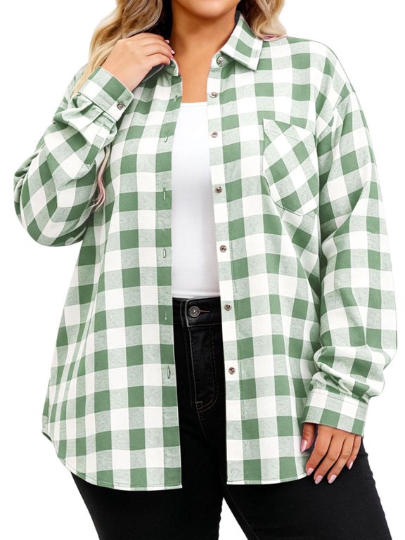 Women Plus Size Plaid Long Sleeve Shirt Button‑Down Loose Checkered Blouse with Chest Pocket Fall Casual Top Green L
