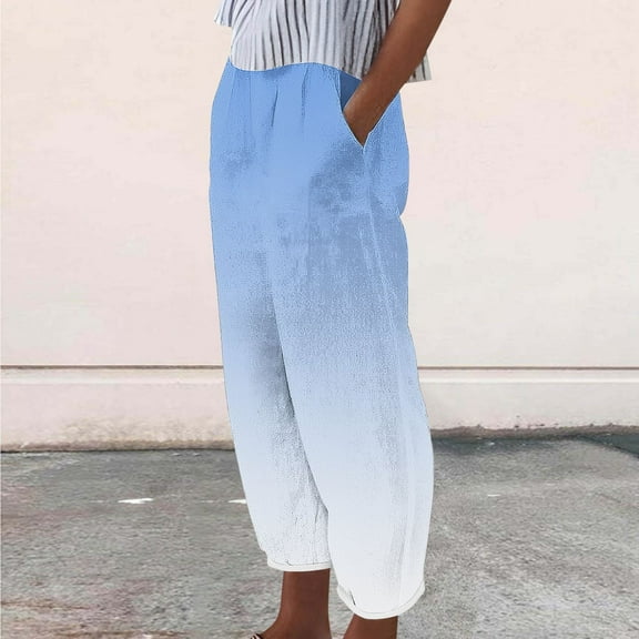 Sevevn Women Pocket Fashion Elastic Waist Printed Casual Full Length Pants Blue XL Rollbacks