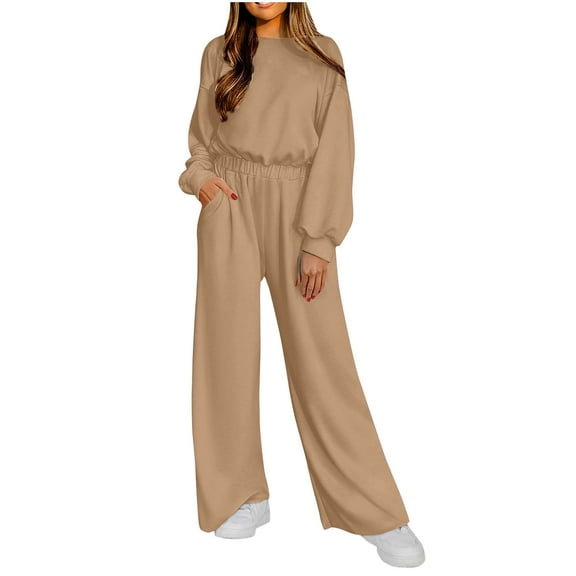 Sevevn Women Round Neck Button Solid Color Long Sleeves Elastic Waist Jumpsuit Khaki XL Rollbacks