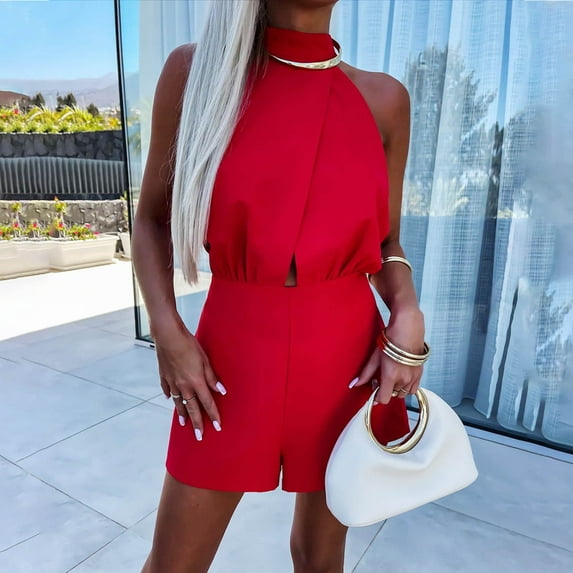 Sevevn Women Round Neck Sleeveless Lrregular Overlapping Solid Color Jumpsuits Red M Christmas Deals