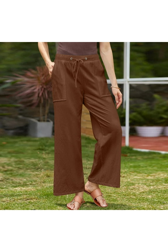 Women'S Spring Solid Color Lace-Up With Cotton And Linen All Straight Leg Casual Pants Womens Dress Pants
