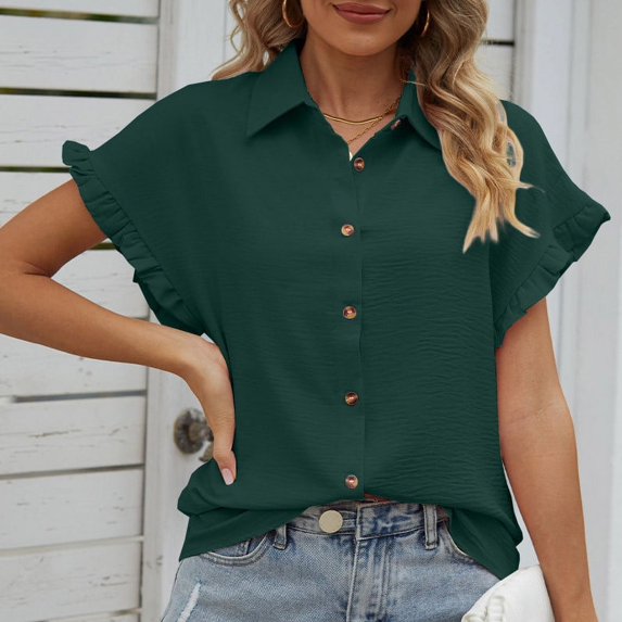 Sevevn Women Short Ruffled Sleeve V Neck Button Up Blouse Casual Summer Tops Womens Short Sleeve Tees