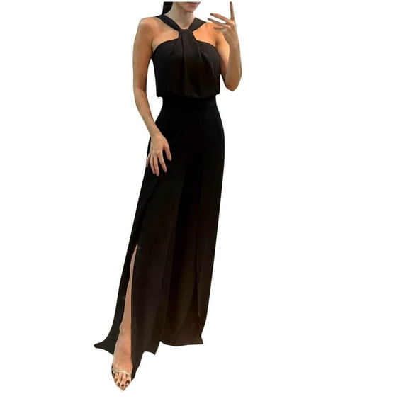 Sevevn Women Sleeveless Camisole Zipper Elasticity Solid Color Jumpsuits Black S Great Gifts for Less