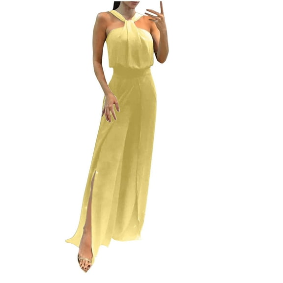 Sevevn Women Sleeveless Camisole Zipper Elasticity Solid Color Jumpsuits Yellow L Gift for Adults