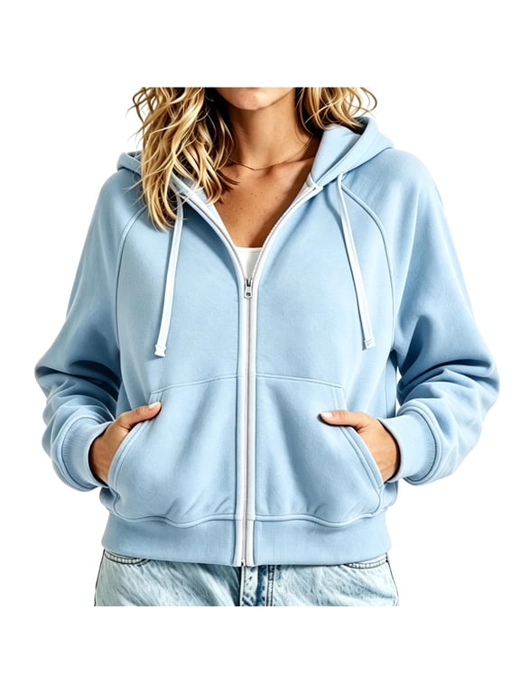 Women Soft French Terry Full Zip Up Hoodie Long Sleeve Metal Zipper Casual Active Jacket Kangaroo Pockets