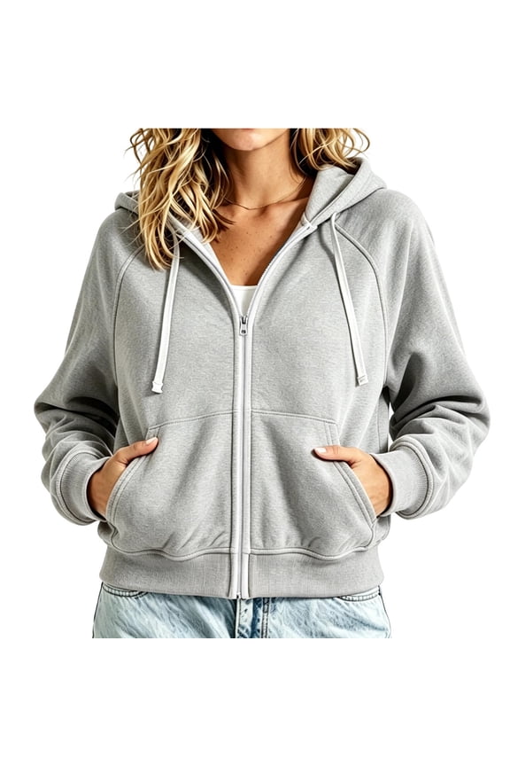 Women Soft French Terry Full Zip Up Hoodie Long Sleeve Metal Zipper Casual Active Jacket Kangaroo Pockets